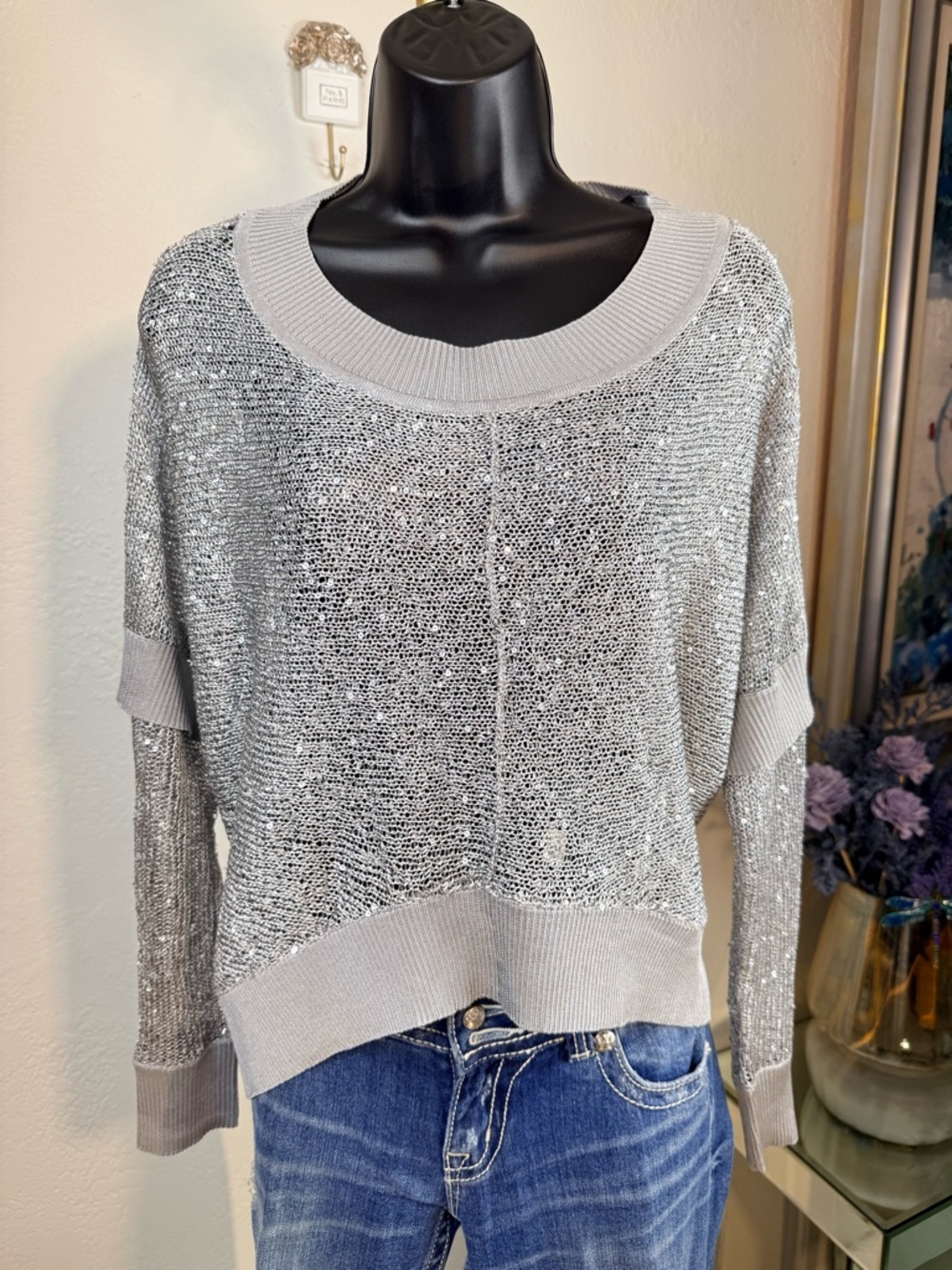 BLACK Saks Fifth Ave Sequin Layered Knit Sweater S Glamcore/Dark Coquette